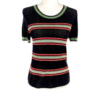Rag & Bone Darcie Open Knit Striped Short Sleeve Top Black/Green Women’s M